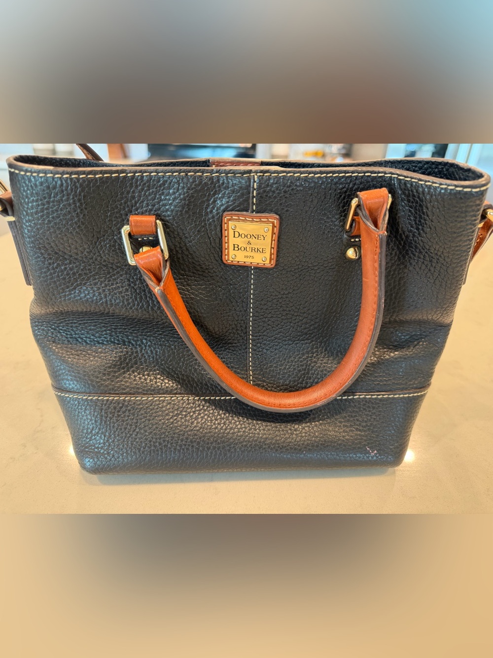 Dooney & Bourke Black Pebbled Leather Satchel with Tan Handles